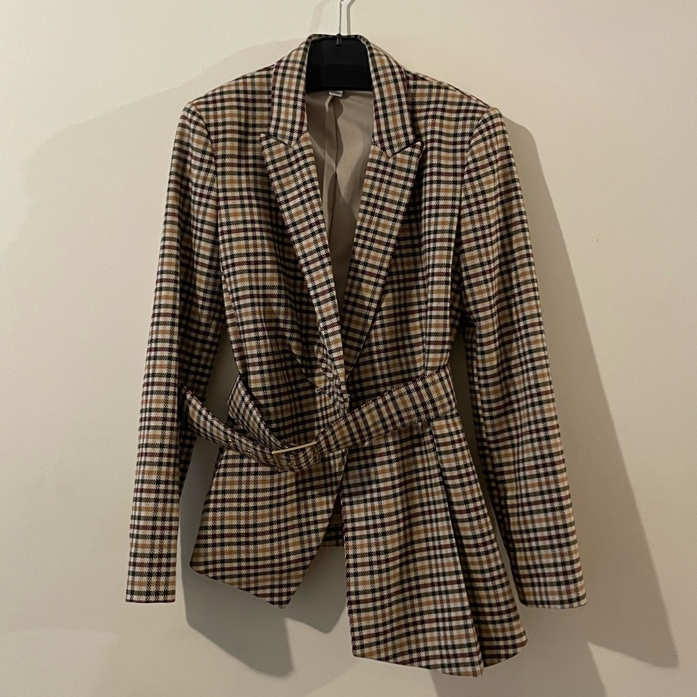 tahari asl plaid autumnal blazer with belt